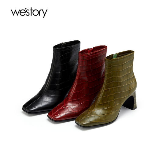 westory2021秋季新款方头粗跟短筒靴子时尚复古石纹W21DS80701 商品图0