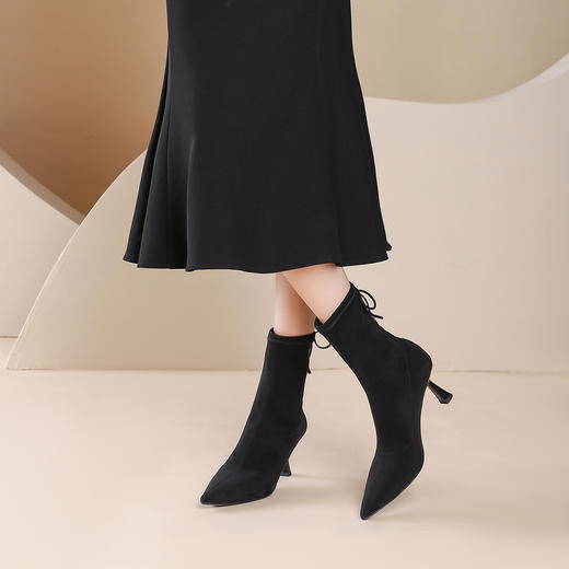 westory2024秋冬新款法式简约瘦瘦靴尖头绒面细高跟短靴女S24DS84361 商品图7