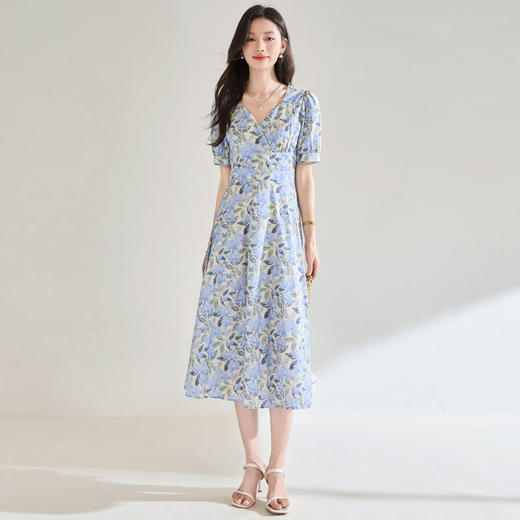 25夏季法式清新风純棉印花V领收腰短袖茶歇裙高腰A摆连衣裙25099 商品图3