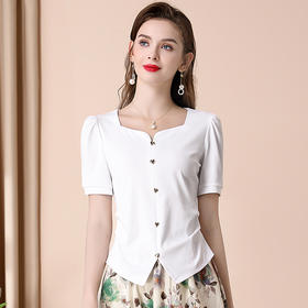 「自」全新升级【铂金会员109/天猫149/差价40】(03223)洋气方领短袖T恤女2025夏季新款气质通勤百搭设计感上衣