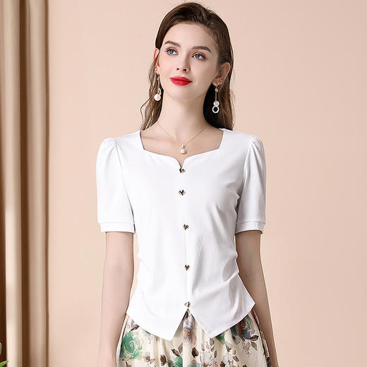 「自」全新升级【铂金会员109/天猫149/差价40】(03223)洋气方领短袖T恤女2025夏季新款气质通勤百搭设计感上衣 商品图0