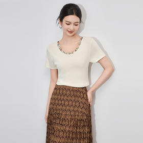 「高货wl」全新升级【铂金会员183/天猫249/差价66】(12958)洛诗琳重工串珠凉感针织T恤2025夏季通勤百搭短袖上衣女