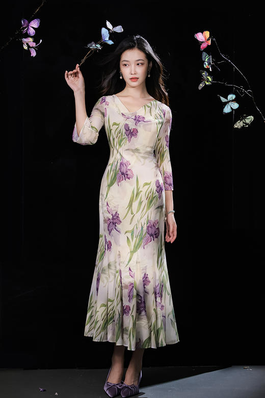 逸红颜明月优选「咏紫鸢」清丽婉转·鸢尾花荡领鱼尾，古典雪纺连衣裙 商品图10