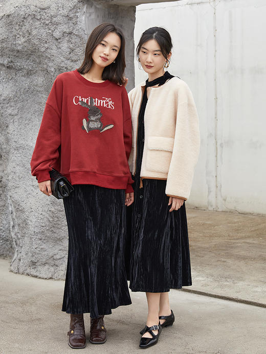 奶杏色毛绒短款夹克 撞色皮质包边拉链款 温柔风秋冬保暖宽松休闲皮草外套 商品图1