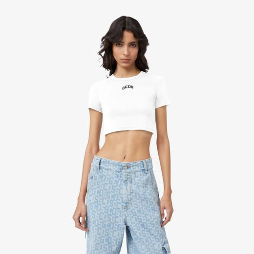 GCDS 女士字母徽标刺绣棉质圆领短袖T恤 白色 A2OW2318JA2 10 商品图1