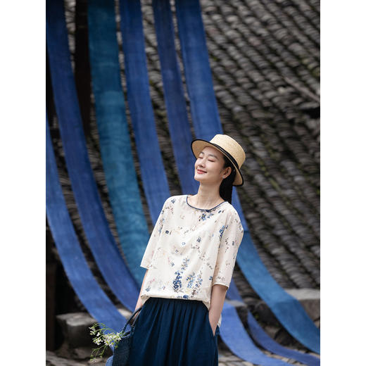 牧衣游原创印花100支纯棉套头衫新款轻薄古朴自然文艺上衣 山水趣 商品图3