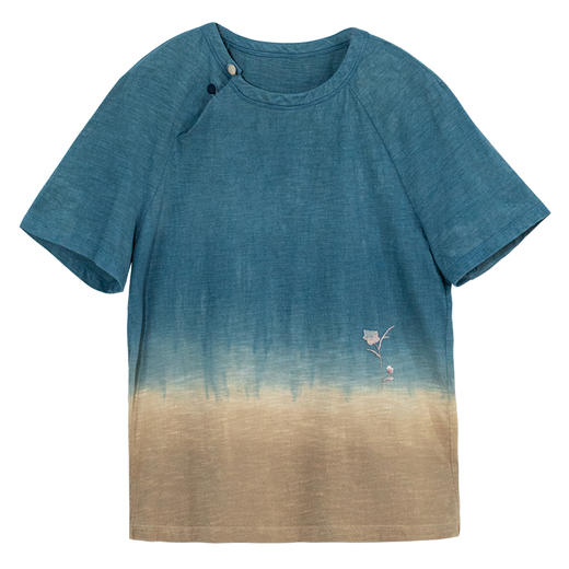 牧衣游原创吊蓝染棉质T恤夏手绣渐变古朴文艺百搭休闲短袖 关山月 商品图4