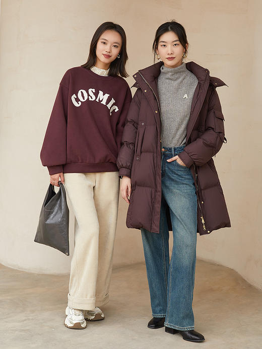 复古酒红色字母印花卫衣 圆领宽松落肩上衣 秋冬美式街头风显瘦加绒套头衫 商品图1