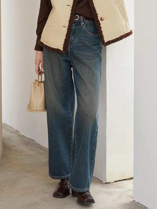 复古蓝高腰阔腿牛仔裤 秋冬做旧显瘦直筒宽松垂感牛仔长裤 商品图0