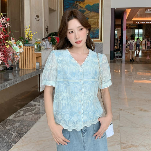 【清仓超15天不保价】奢姿大码女装2025夏季胖妹妹法式V领刺绣复古不规则遮肉时尚上衣9952153451 商品图0