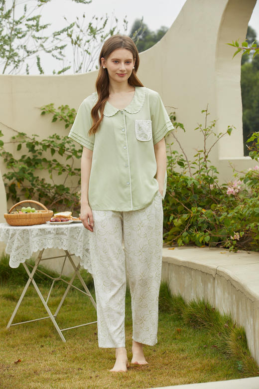 【79元限时秒杀】【秀黛】女莱赛尔绣花翻领短袖套装女士夏季睡衣家居服ML554014T【门店同款】 商品图0