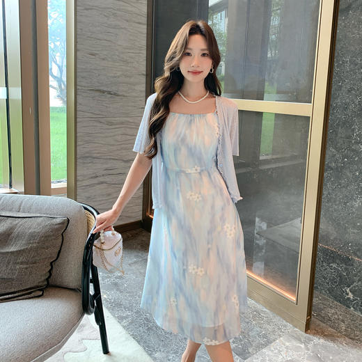 奢姿大码女装2025夏季减龄提花设计两件套胖妹妹印花V领时尚套装9952922219 商品图2