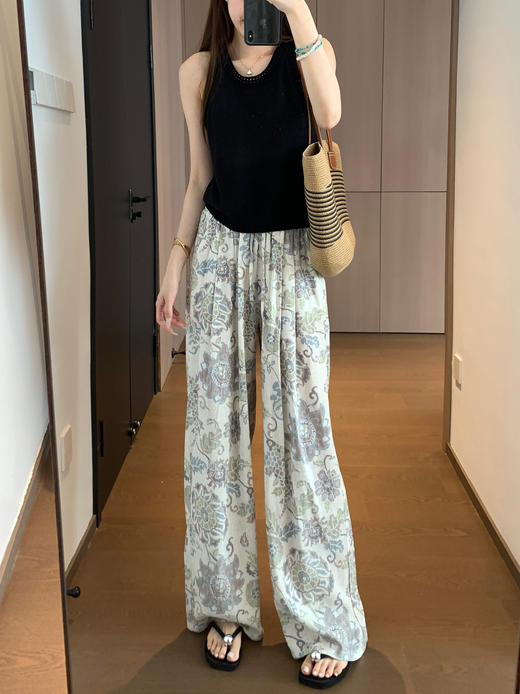 时髦慵懒！2025麻感花纹面料轻薄爽滑褶裥松紧腰直筒花纹休闲裤！ 商品图5