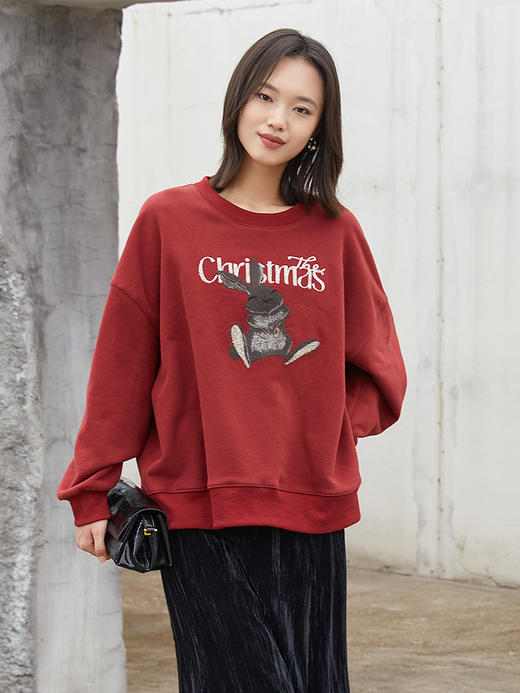 酒红色圣诞主题圆领卫衣 亮片兔子字母印花宽松落肩袖休闲显瘦秋冬节日氛围百搭上衣 商品图0
