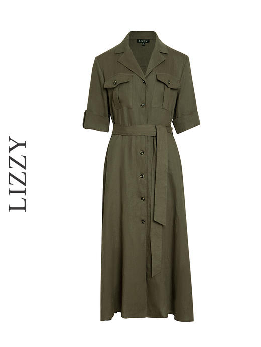 LIZZY 时尚气质西装领通勤休闲工装风短袖亚麻连衣裙8023 商品图5