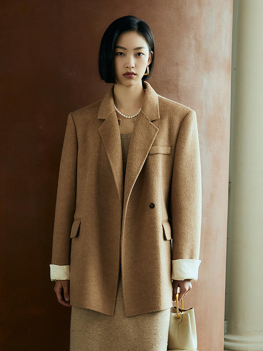 驼色羊毛混纺单排扣西装外套 翻领撞色袖口宽松廓形通勤气质秋冬高级感毛呢西服上衣 商品图0
