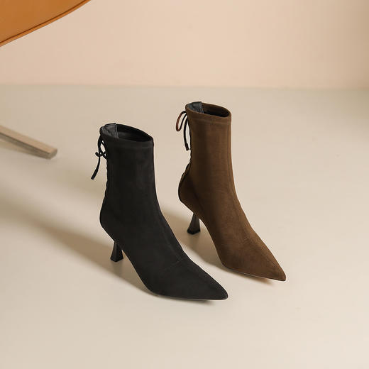 westory2024秋冬新款法式简约瘦瘦靴尖头绒面细高跟短靴女S24DS84361 商品图0