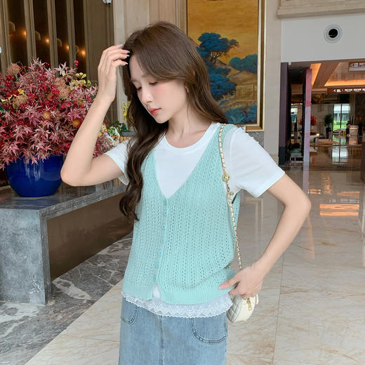 奢姿大码女装2025夏季减龄花边拼接针织背心两件套胖妹妹时尚套装9952953266AB 商品图1