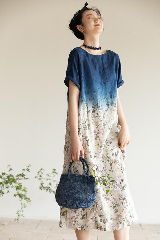 牧衣游原创 印花吊染亚麻连衣裙新款轻薄渐变质朴宽松长裙 夏未 商品图5