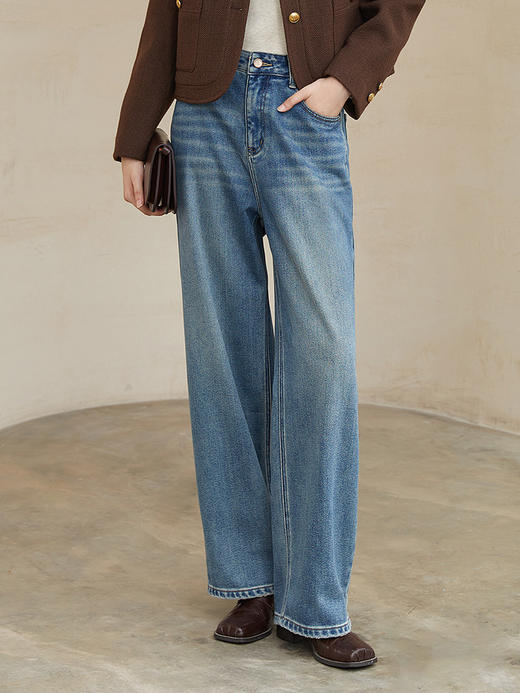 【加绒加厚】复古蓝直筒牛仔裤女 高腰显瘦 冬季宽松百搭做旧水洗阔腿长裤 商品图0