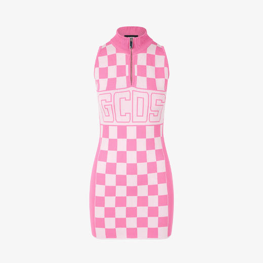 GCDS 女士字母徽标格纹半拉链迷你连衣裙 粉色 B1CW1015KH7 55 商品图0