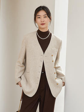 米白色人字纹毛呢西装外套 复古风斜门襟单排扣大口袋上衣 春秋季高级感显瘦百搭女式中长款呢子西服