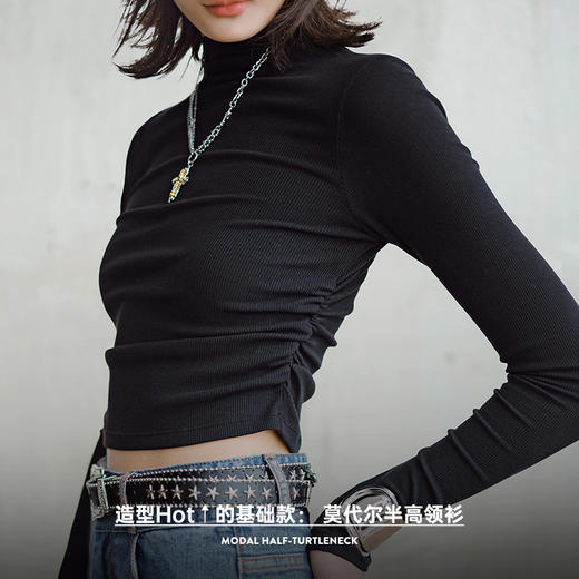 马登莫代尔半高领打底衫抽褶修身叠穿长袖T恤内搭外穿上衣秋季女 商品图1