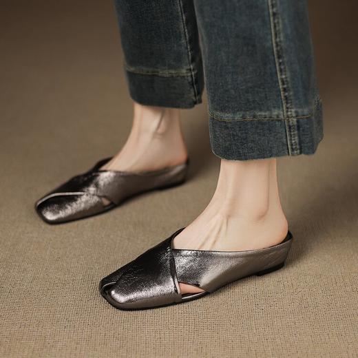 【预售5天】内增高3cm复古银色包头半拖鞋女夏外穿时尚一脚蹬厚底拖鞋子DQ&DQ1220 商品图2