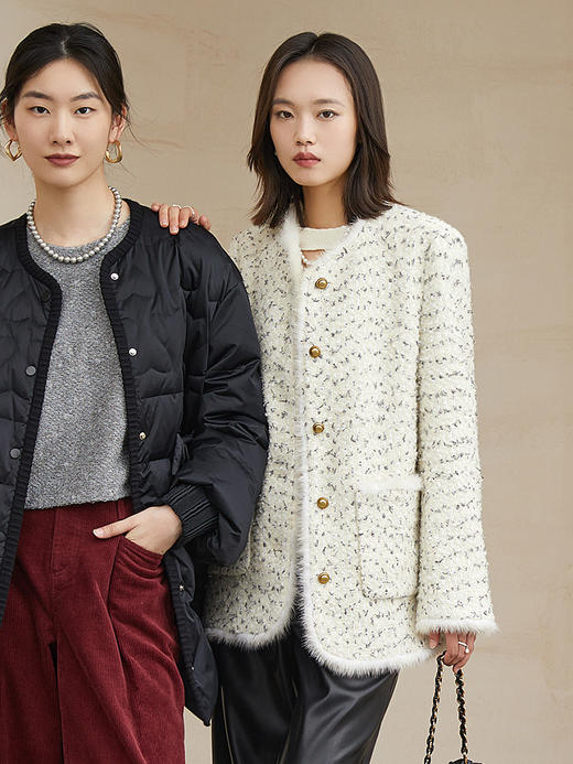 秋冬新款小香风粗花呢外套女圆领单排扣仿貂毛边设计感宽松夹棉上衣 商品图1