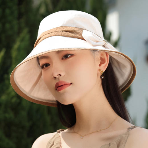 渔夫帽韩国拼色蝴蝶结透气防晒帽，减龄百搭户外大沿遮阳帽A14-1-3-M3427 商品图2