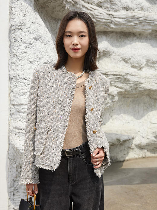浅灰混纺粗花呢小香风外套 流苏边金属扣短款夹克 复古优雅秋冬气质上衣 商品图0