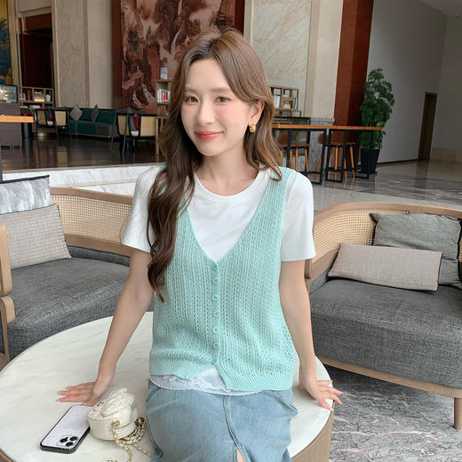 奢姿大码女装2025夏季减龄花边拼接针织背心两件套胖妹妹时尚套装9952953266AB 商品图2