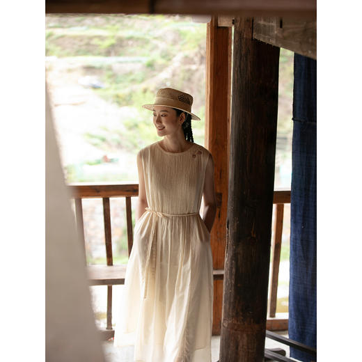 牧衣游原创手工刺绣打条100支精棉无袖连衣裙轻薄质朴长裙 小风铃 商品图2