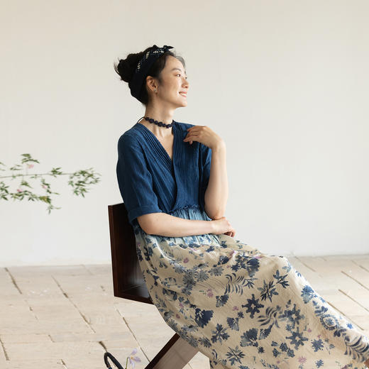 牧衣游原创 吊染蓝染印花亚麻连衣裙打条渐变质朴文艺长裙 秘境 商品图0