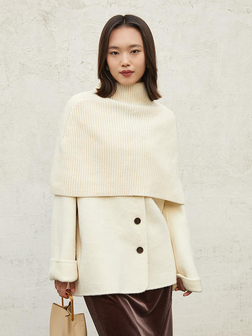 V 领单排扣米白色毛呢外套 宽松休闲短款夹克 秋冬复古质感毛呢上衣 商品图1