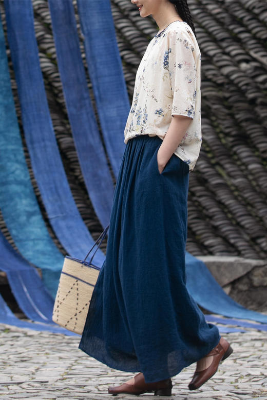 牧衣游原创 亚麻半身裙夏新款轻薄开叉百搭宽松蓝色A字半裙 清味 商品图5