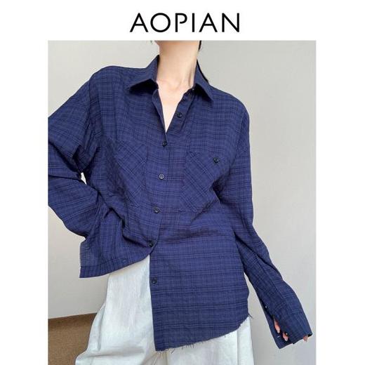 奥篇蓝夜 色织格纹蓝色软棉亚麻宽松男友同款衬衣 商品图3