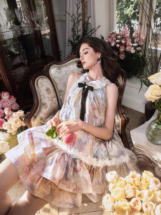 提花渐变虹彩印花A型无袖连衣裙 商品图0