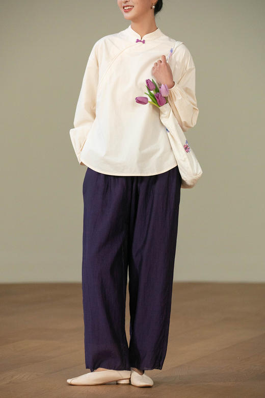 【经典回归】牧衣游原创 丝棉净色裤子宽松禅意轻薄休闲裤 白禾 商品图5