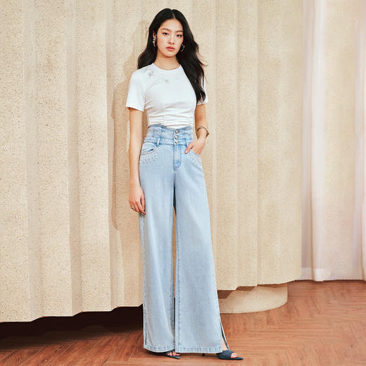 经典复古感浅蓝色高腰阔腿开叉牛仔裤春季裤子(货号:MS85PA019B1002) 商品图0