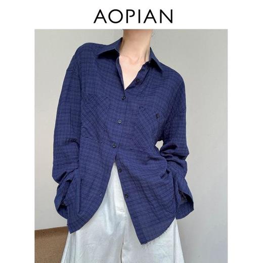 奥篇蓝夜 色织格纹蓝色软棉亚麻宽松男友同款衬衣 商品图1