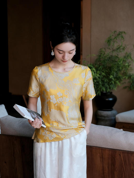盛唐婧| 桑蚕丝牡丹提花修身国风简约短袖-黄色 商品图1