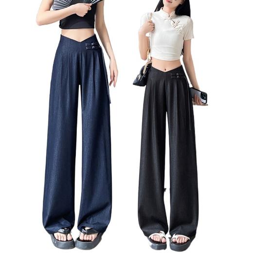 天丝牛仔阔腿裤女夏季冰丝新中式国风裤盘扣高级感垂感直筒西装裤 商品图4