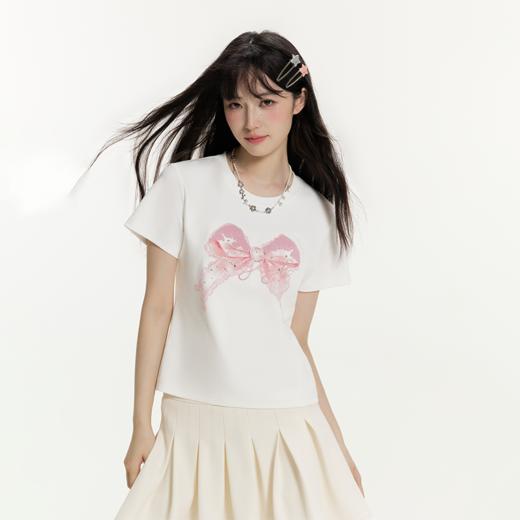 YKYB黄子韬短袖T恤女款肤糯米双面柔贴身透气弹蝴蝶结烫钻可爱风百搭云朵上衣 商品图3