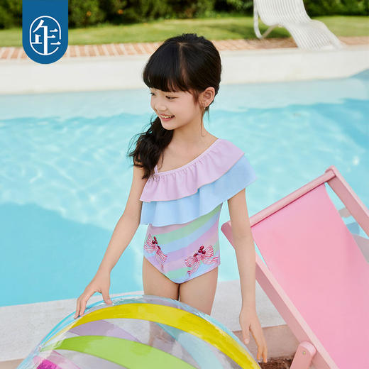【年衣】童装女童连体泳衣斜肩2025年夏季新款甜美多瑞瑞彩虹泳装 商品图3