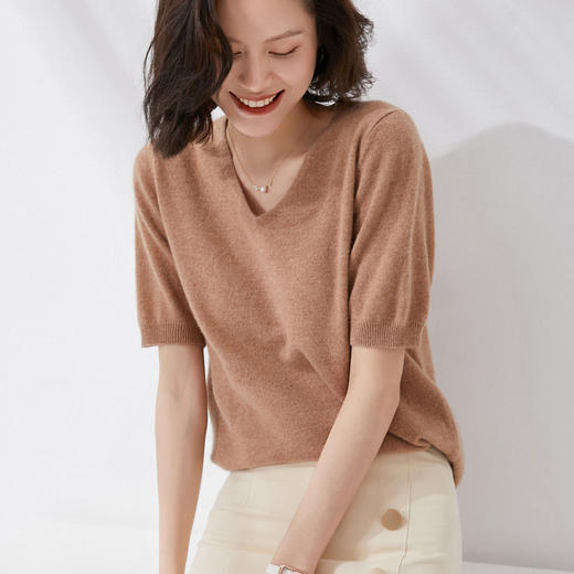 【限时特卖】【买一送一，两件起拍】【经典13色，V领+圆领可选】夏季女款精纺一线成衣美丽诺羊毛圆领V领针织短袖 商品图9