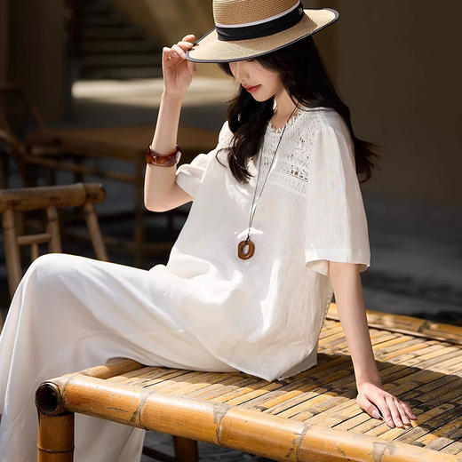 Michael Klein 夏季重工蕾丝亚麻衬衫宽松圆领女上衣2290 A字半身裙2419（下单3-7天发货） 商品图3