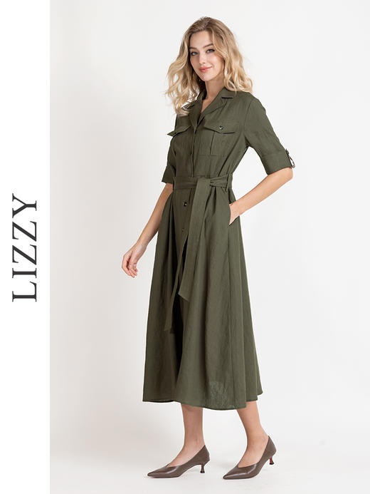LIZZY 时尚气质西装领通勤休闲工装风短袖亚麻连衣裙8023 商品图1
