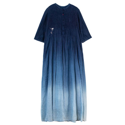 牧衣游原创 靛蓝染打条苎麻连衣裙夏宽松质朴渐变文艺长裙 一朵云 商品图4