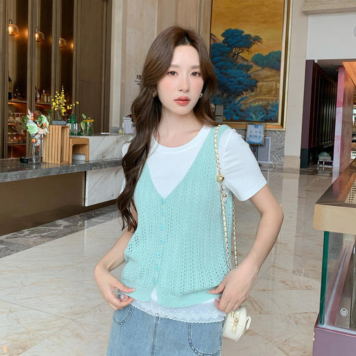 奢姿大码女装2025夏季减龄花边拼接针织背心两件套胖妹妹时尚套装9952953266AB 商品图4